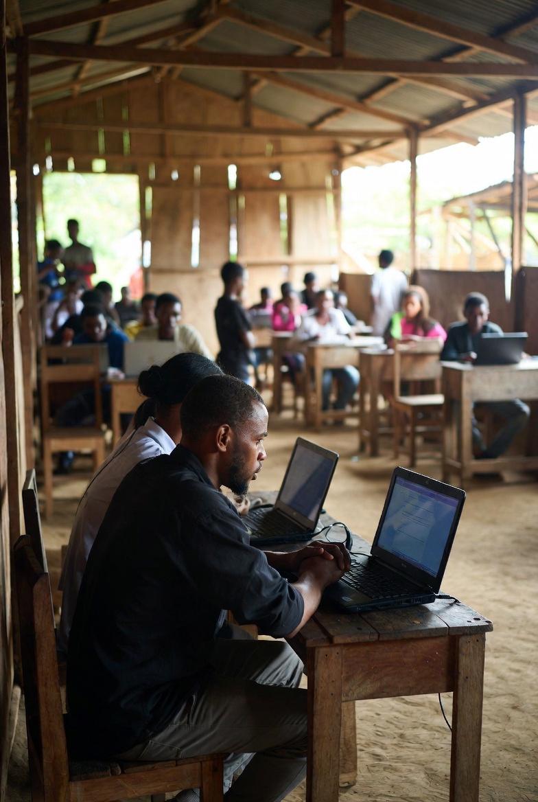 People in a rural community classroom receiving learning support